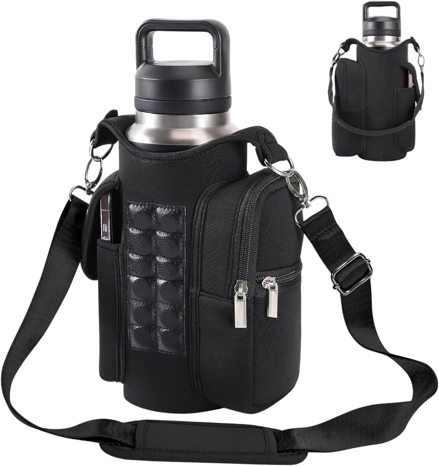 Portable Water Bottle Holder with Adjustable Shoulder Strap and Storage Compartments